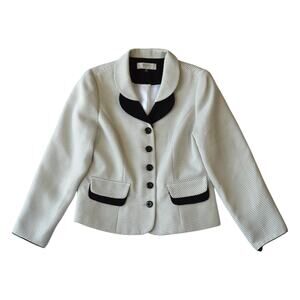 Clio Suit Black & White Textured Blazer Jacket Contrast Trim Career Size 12